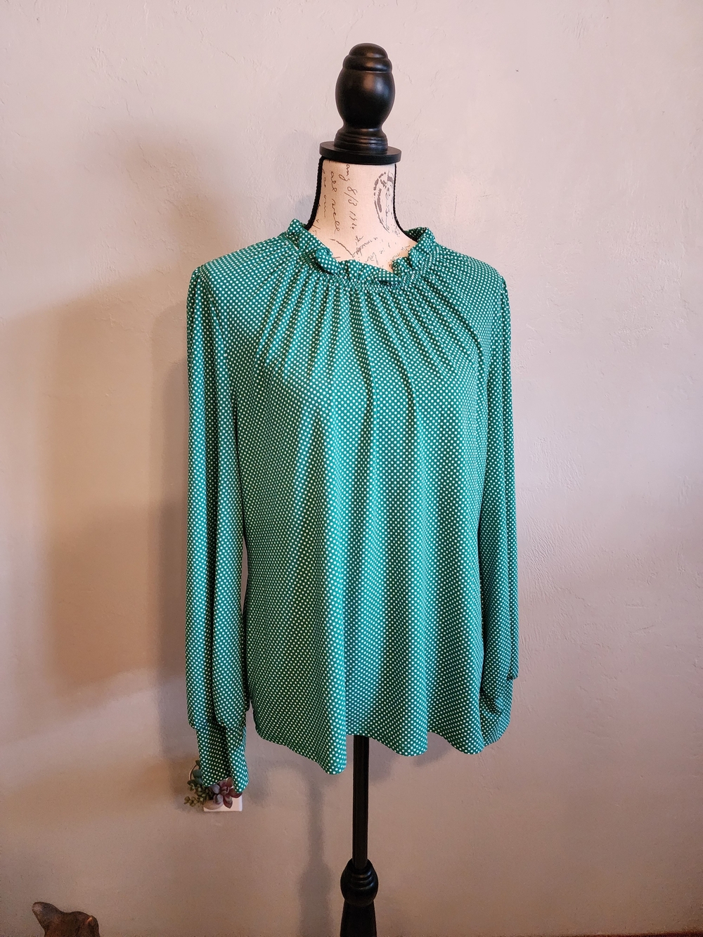 Adrianna Papell Kelly Green Polka Dot Ruffle-Neck Blouse